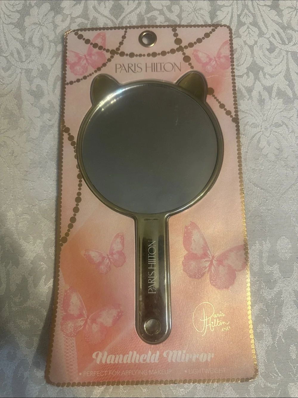 Paris Hilton Pink and Gold Cat-Ear Hand Mirror